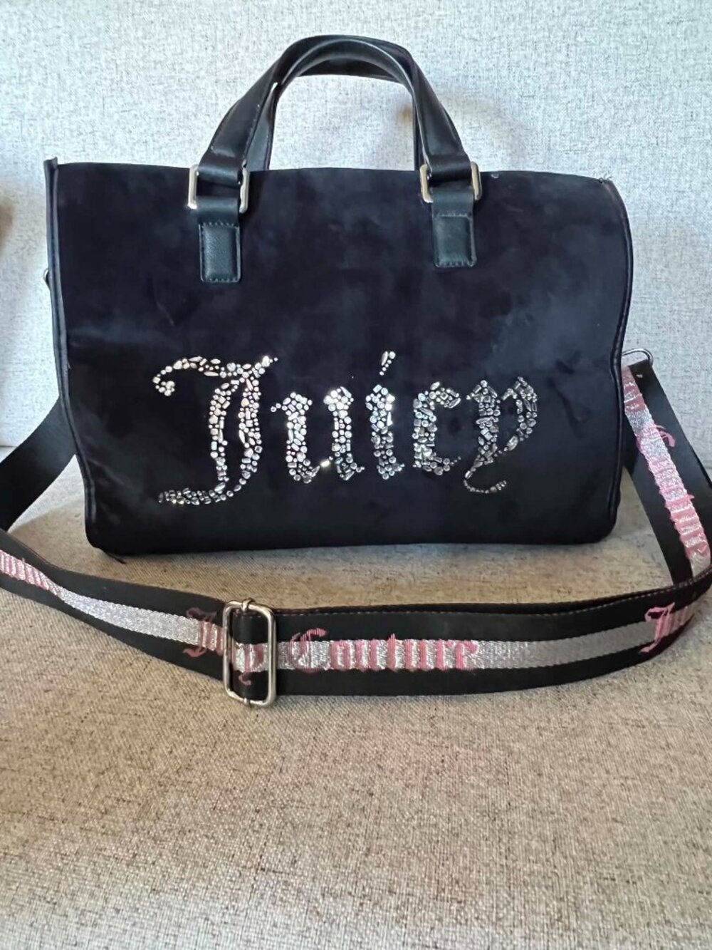 Juicy Couture "All That Glitters" Satchel Black/Licorice Velour Rhinestone Logo